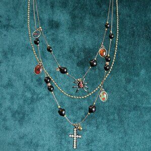 VINTAGE BETSEY JOHNSON SPIDER CROSS LAYERED NECKLACE